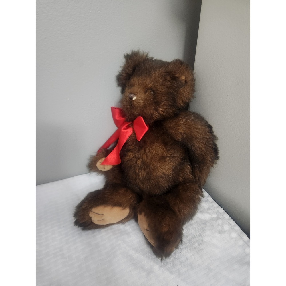 Bearington Collection Teddy Bear Plush Dark Brown Faux Fur Red Bow PA10186